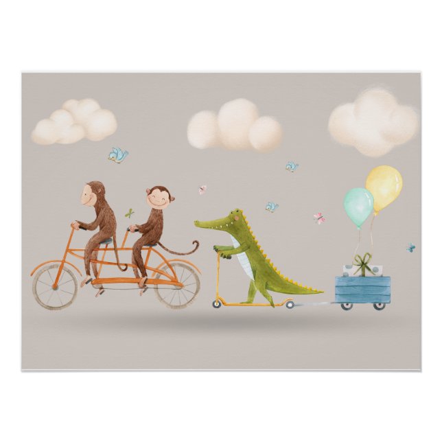 Pôster Whimsical Animals on Bicycle Nursery Wall art  (Frente)