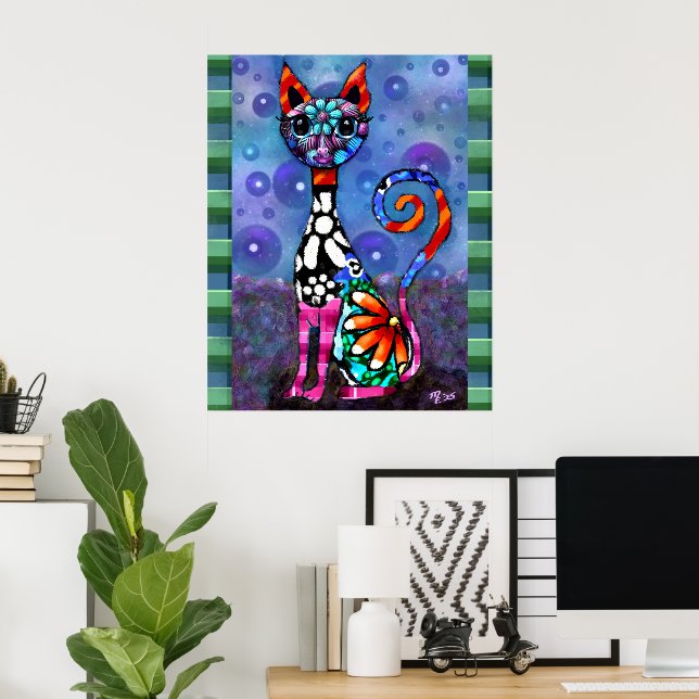 Poster Whimsical Big-Eyed Funky Kitty Cat Abstract (Escritório em casa)