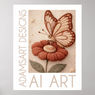 Poster Whimsical Butterfly on Flower Vintage Felt Art