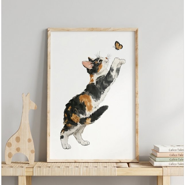 Poster Whimsical Calico Cat & Butterfly Watercolor Art  (Criador carregado)