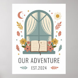 Poster Whimsical Cottage Flowers Window Illustration