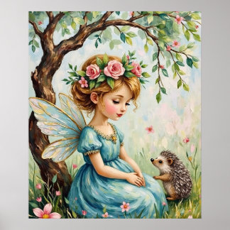 Poster Whimsical Fairy and Hedgehog Garden Wall Art