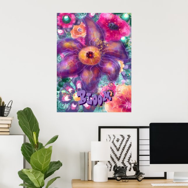 Poster Whimsical Floral Abstract Art Teal Personalized (Escritório em casa)