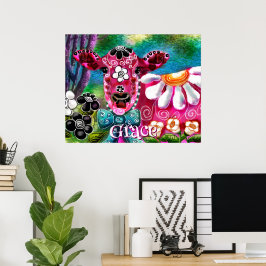 Poster Whimsical Floral Cow Pink Teal Black Personalized