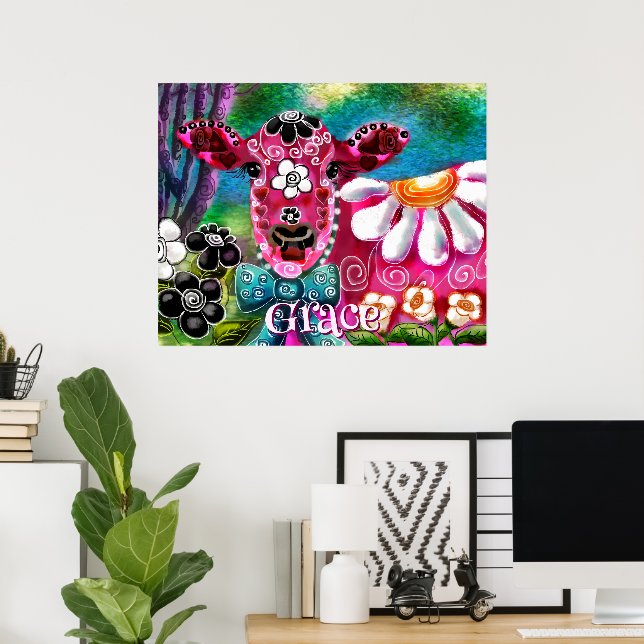 Poster Whimsical Floral Cow Pink Teal Black Personalized (Escritório em casa)