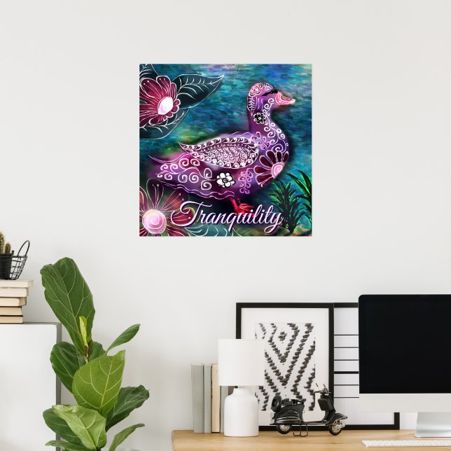Poster Whimsical Floral Duck Purple Teal Personalized (Escritório em casa)