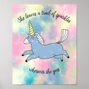 Poster Whimsical Flying Blue Unicorns on Pastel Clouds