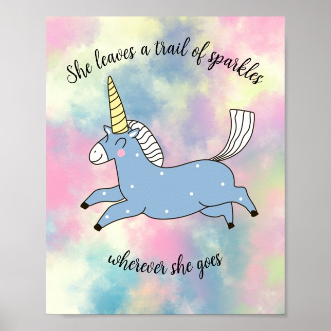 Poster Whimsical Flying Blue Unicorns on Pastel Clouds (Frente)
