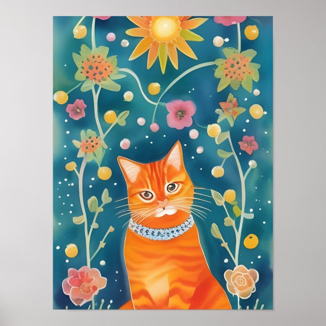 Poster Whimsical Folk Art Tabby Cat (Frente)