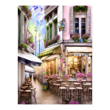 Whimsical French Street Café Poster, aquarela