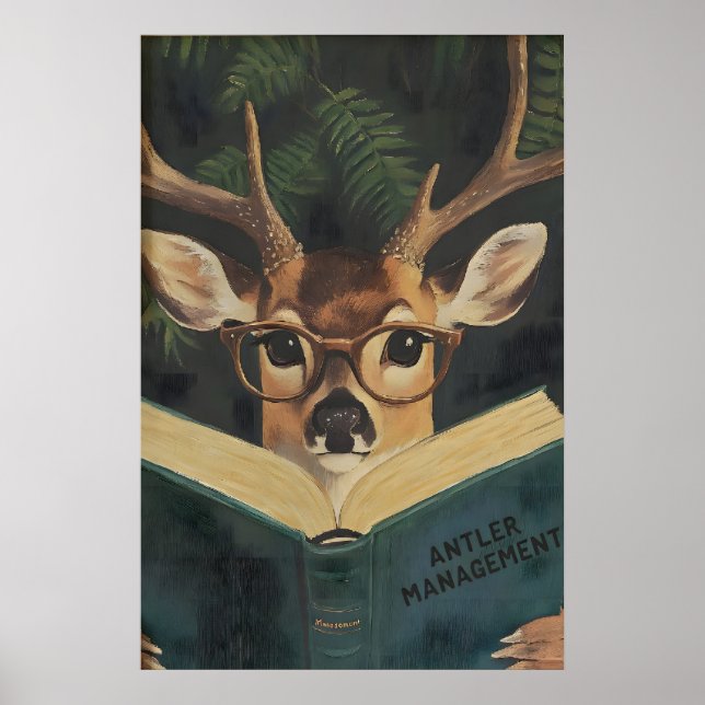 Poster Whimsical Funny Deer Bookworm Wall Art Print (Frente)