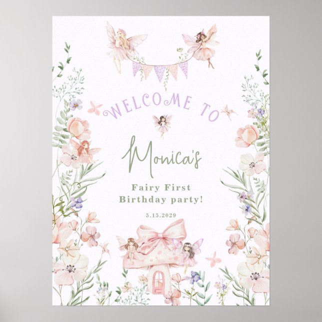 Poster Whimsical garden Fairy First Birthday Welcome (Frente)