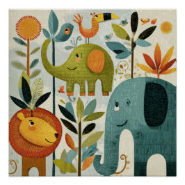 Pôster Whimsical Jungle Animals Nursery Wall Art