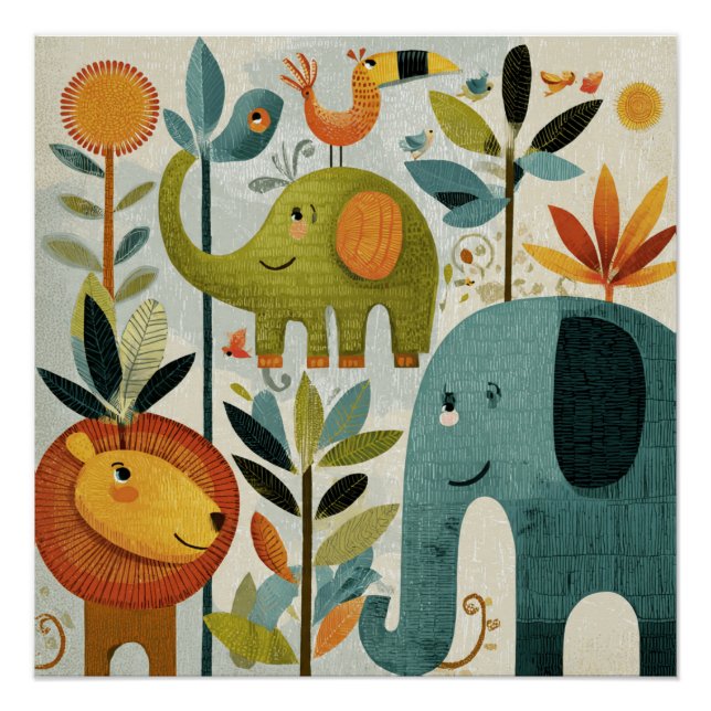 Pôster Whimsical Jungle Animals Nursery Wall Art (Frente)