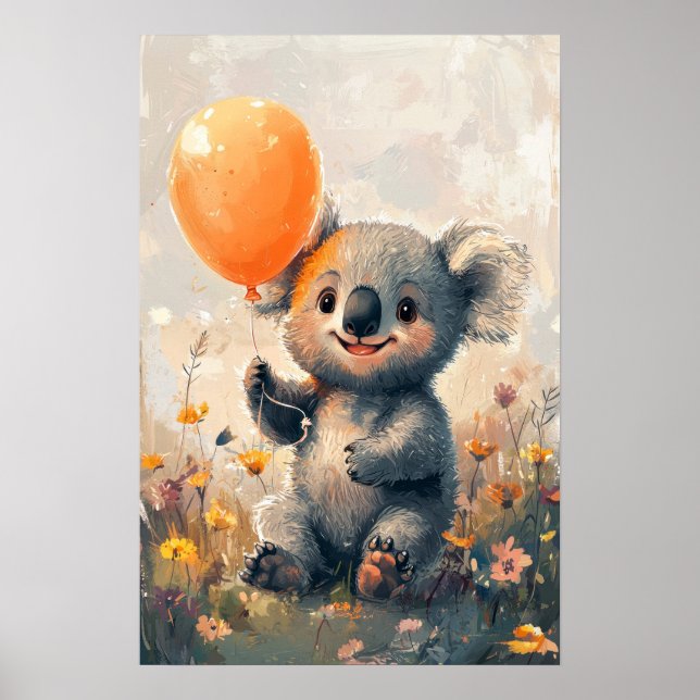 Poster Whimsical Koala com balão laranja em Meadow Digi (Frente)