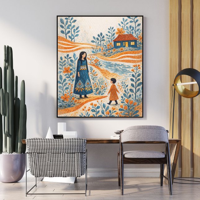 Poster Whimsical Mother and Child Folk Art Illustration (Criador carregado)