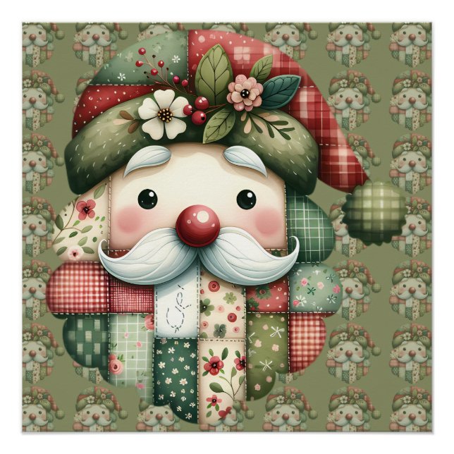 Pôster Whimsical Patchwork Santa Folk Christmas (Frente)