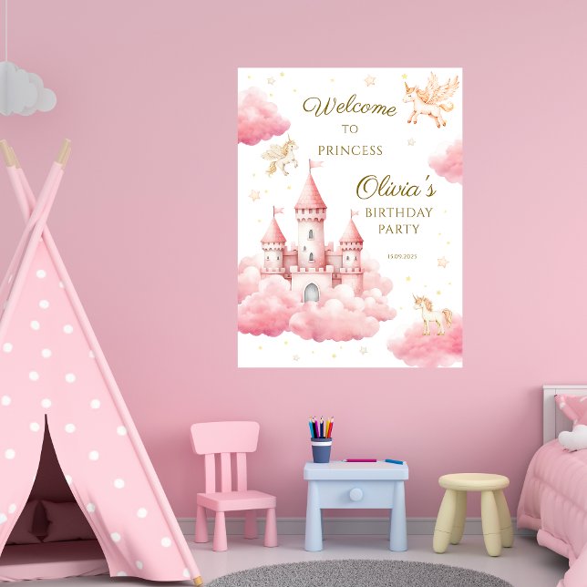 Poster Whimsical Pink Cloud Princess Birthday Welcome (Criador carregado)