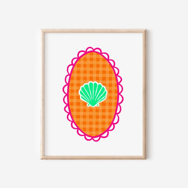Poster Whimsical Seashell Orange Gingham & Sea Green (Criador carregado)
