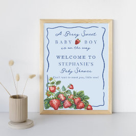 Poster Whimsical Strawberry Blue Baby Shower Welcome Sign