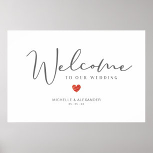 Poster Whimsical Welcome Guests Wedding Red Heart Sign