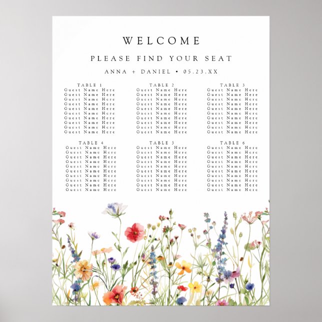 Poster Whimsical Wildflower Wedding Seating Chart (Frente)