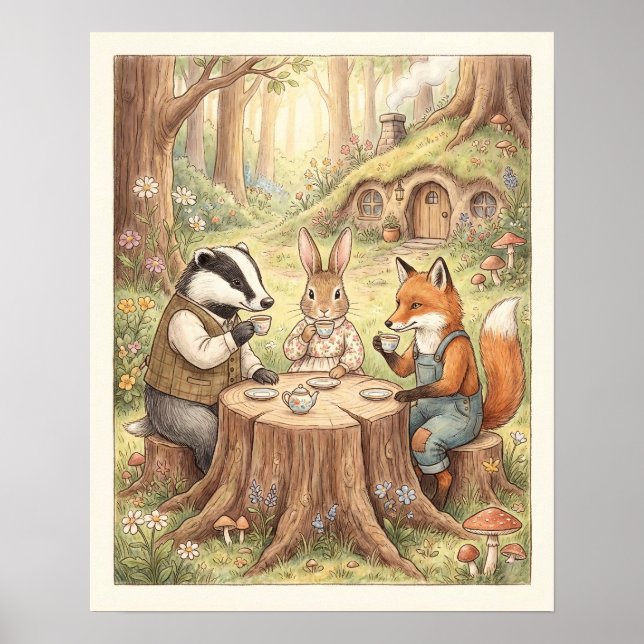 Poster Whimsical Woodland Animals Tea Party Nursery (Frente)