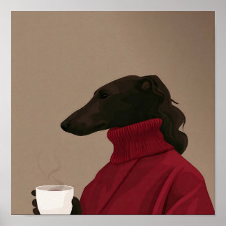 Poster Whippet Aconchegante Bebendo Café - Cão Minimalist