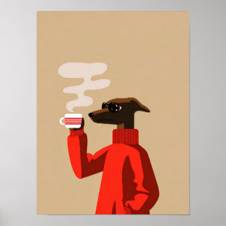 Poster Whippet Aconchegante Bebendo Café - Ilustração de