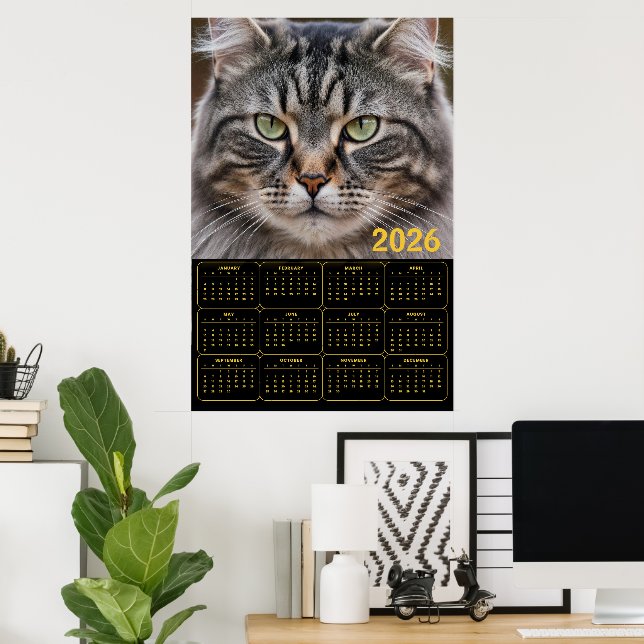 Poster Whiskered Gaze: 2026 Tabby Calendar (Escritório em casa)