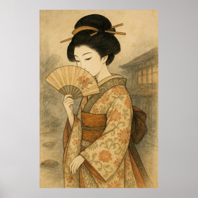 Poster Whispers Behind the Fan: Geisha in Stillness (Frente)