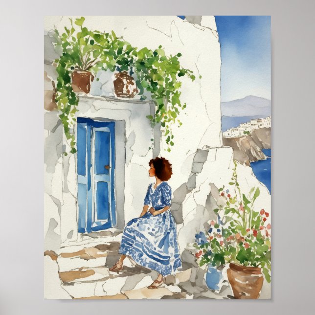 Poster Whispers da Aquarela Egeu Santorini (Frente)
