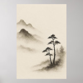 Poster Whispers of Mist: Ink-Wash Mountain Tranquility