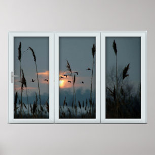 Poster White 3 Pane Window Illusion Flock of Birds