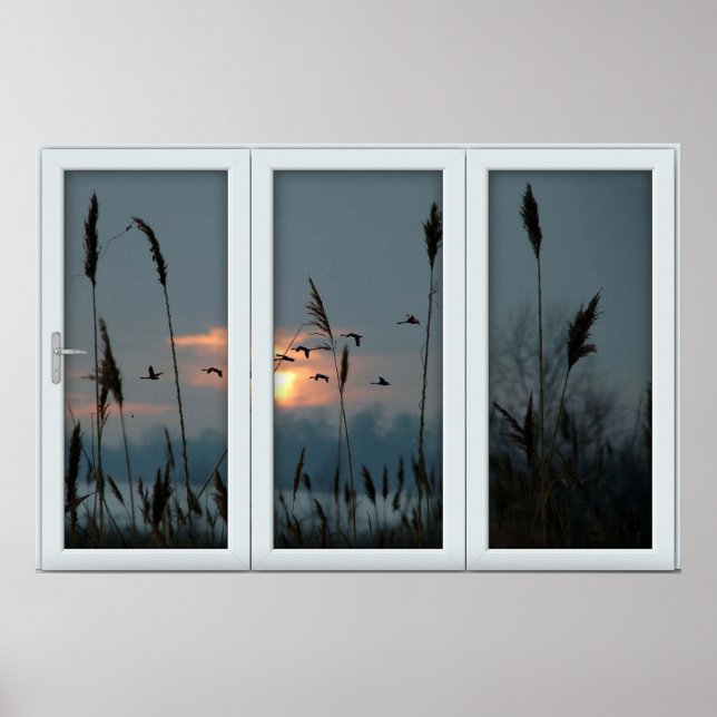 Poster White 3 Pane Window Illusion Flock of Birds (Frente)