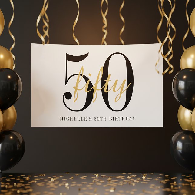 Poster White 50th Birthday Party Black Gold Chic  (Criador carregado)