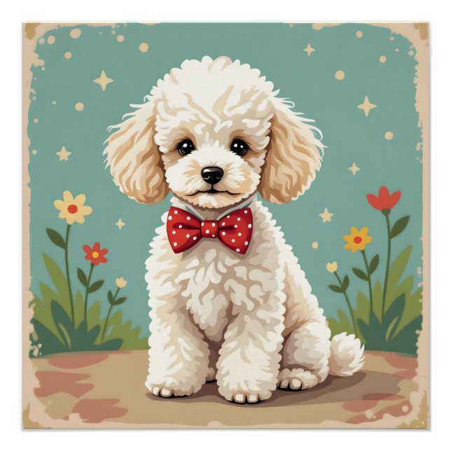 Pôster White adorable poodle with bow tie (Frente)