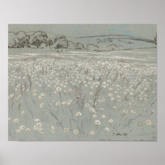 Poster White and blue flower field vintage art print