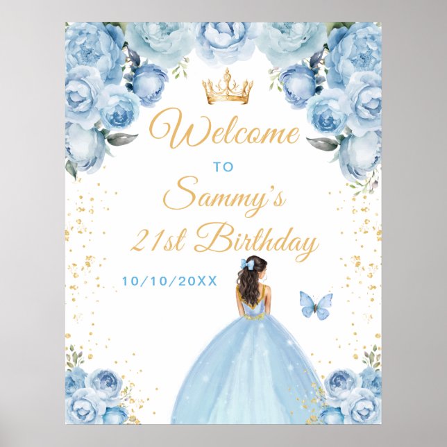 Poster White Blue Brunette Hair Princesa Aniversário (Frente)