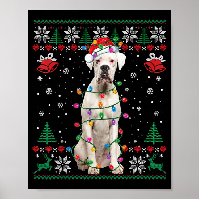 Poster White Boxer Dog Ugly Christmas Sweater Funny Xmas  (Frente)