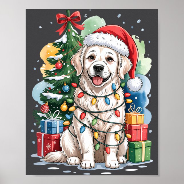 Poster White English Golden Retriever Santa Hat Christmas (Frente)