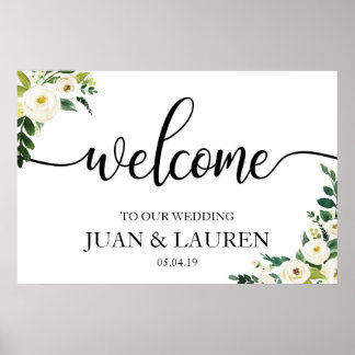 Poster White Floral Greenery - Sinal de Boas-vindas Poste