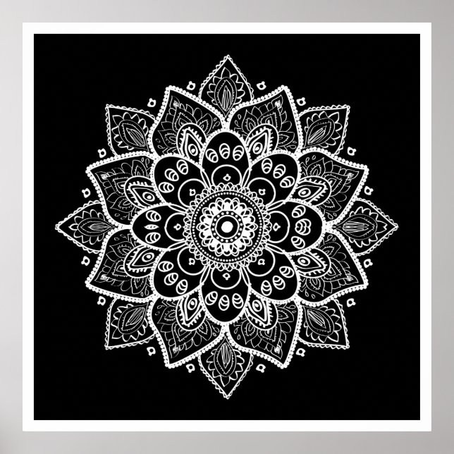 Pôster White Floral Mandala Em Preto (Frente)