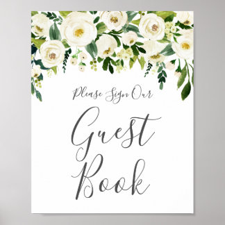 Poster White Flower Greenery Sinal de Livro de Convidado