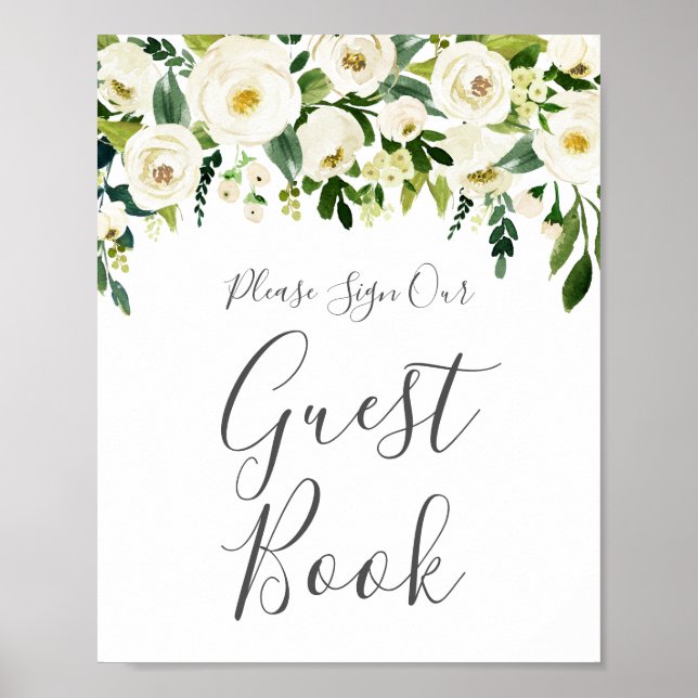Poster White Flower Greenery Sinal de Livro de Convidado (Frente)