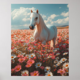 Poster White Horse Amid Blossoming Meadow