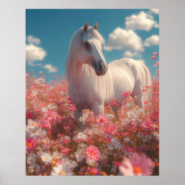 Poster White Horse in a Field of Blossoms