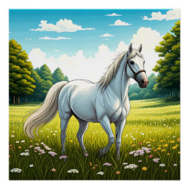 Pôster White horse standing in a field of grass
