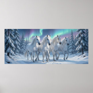 Poster White Horses Under Aurora Borealis in Winter Fores