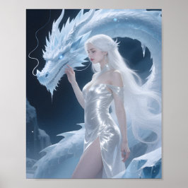 Poster White Ice Dragon Queen Fantasy Silver Blue
